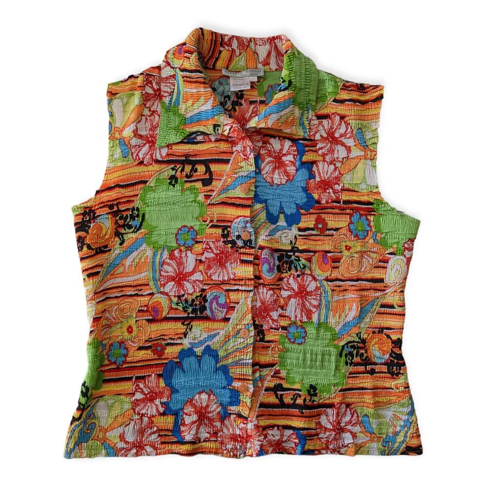 Crinkle Tropical Mod Button-down Sleeveless Shirt